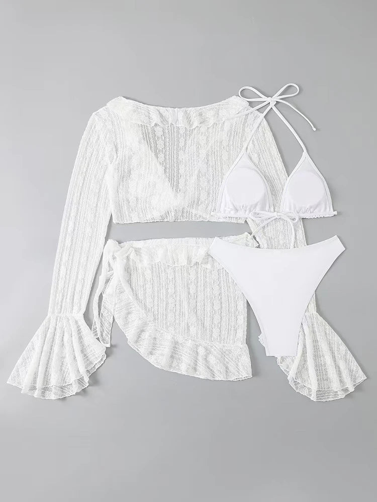 Maillot de Bain Femme 4 Pièces | Bikini Brésilien | Cover-Up Manches Longues | Uni | Plage & Soirée | Été 2026
