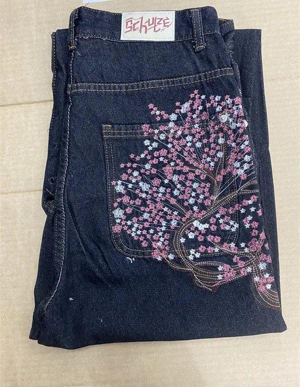 Jean Taille Basse Hip Hop | Fleurs Cerisier Brodé | Jambe Large Unisexe | Y2K Vintage Baggy