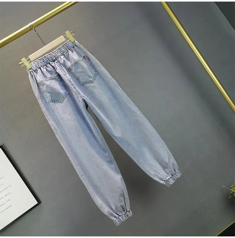 High-Waisted Jeans For Summer 2026 New Loose Elastic Waist Hot-Pressed Diamond Pants Women's Casual Denim Trousers
