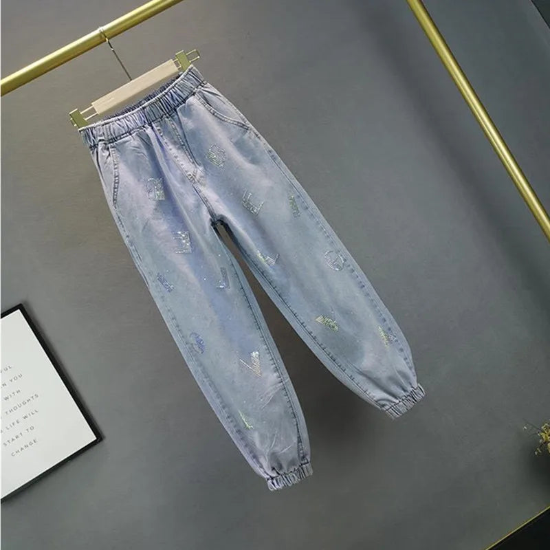 High-Waisted Jeans For Summer 2026 New Loose Elastic Waist Hot-Pressed Diamond Pants Women's Casual Denim Trousers