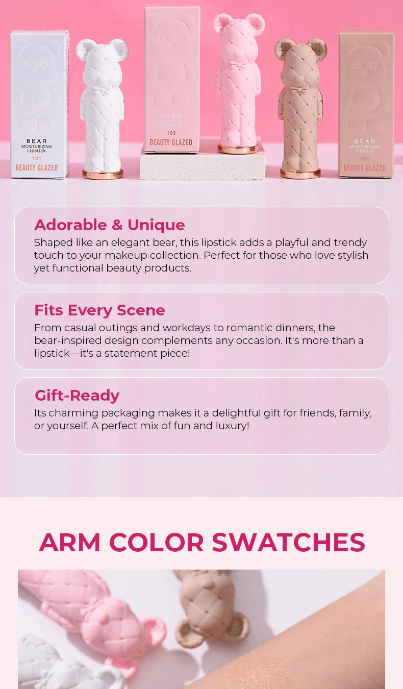 Beauty Glazed Bear Moisturizing Lipstick, Colored Lip Balm, Nourishing Lip Stick, Easy to Color, Watery