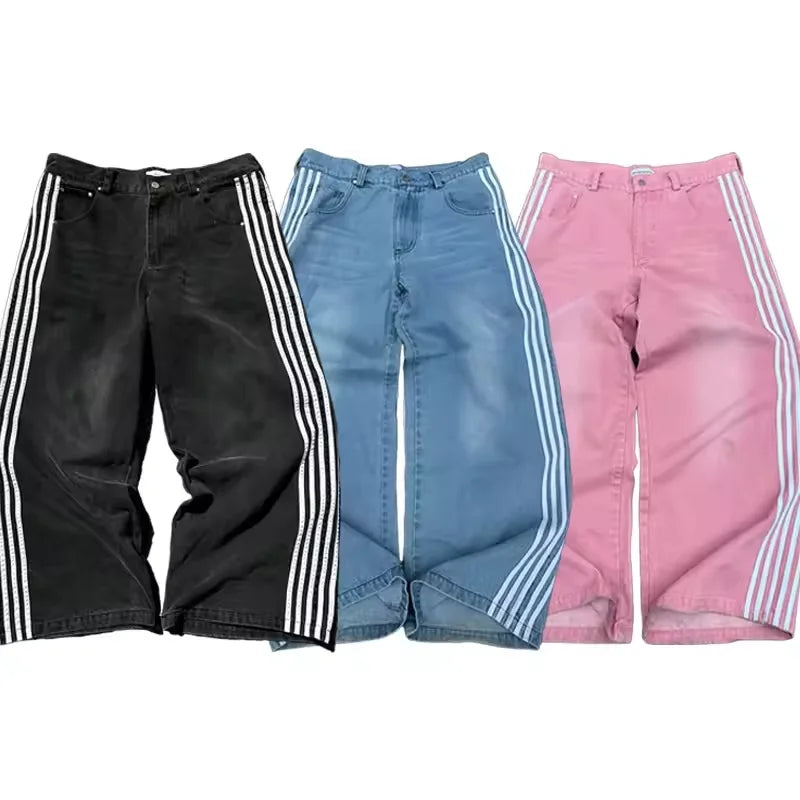 American Harajuku Style Baggy Jeans Y2K Streetwear Striped Denim Pants Men Women Casual Wide Leg Trousers Trendy High Street Pants