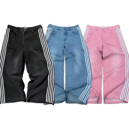American Harajuku Style Baggy Jeans Y2K Streetwear Striped Denim Pants Men Women Casual Wide Leg Trousers Trendy High Street Pants