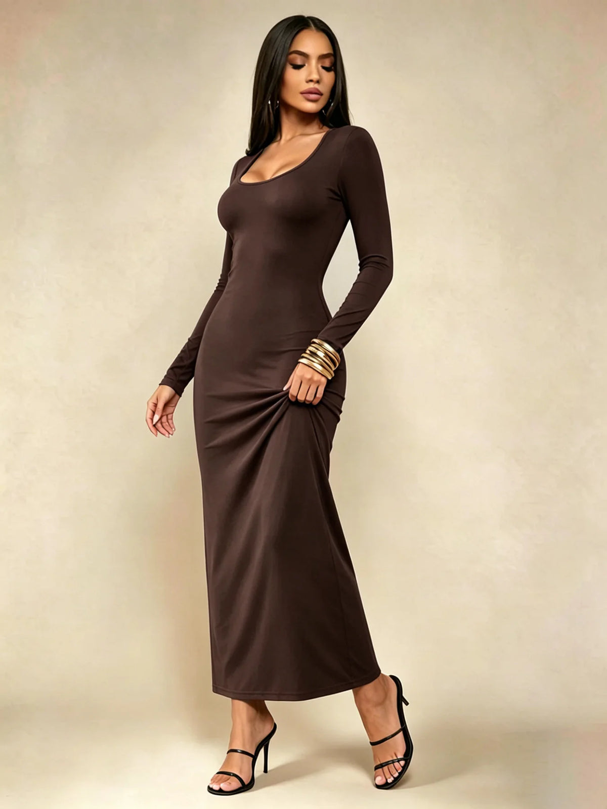 Women's Solid Long Sleeve Bodycon Dress, Chic Basic Minimalist Casual Fashion Scoop Neck Long Dress, Womenswear