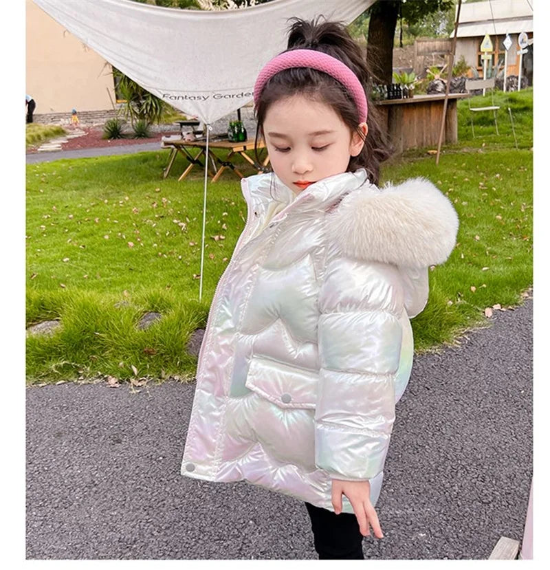 Doudoune Longue Fille Licorne | Imperméable Brillante | Col Fourrure Capuche | Parka Enfant Hiver