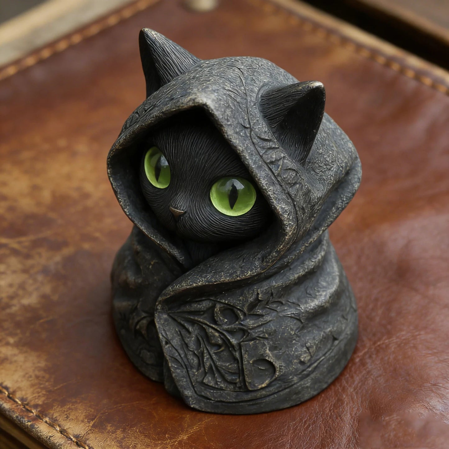 Cat Statue Home Decor Hooded Cat Figurine Tabletop Decoration Mystical Ornament Desk Accent Dark Cat Sculpture Resin Craft