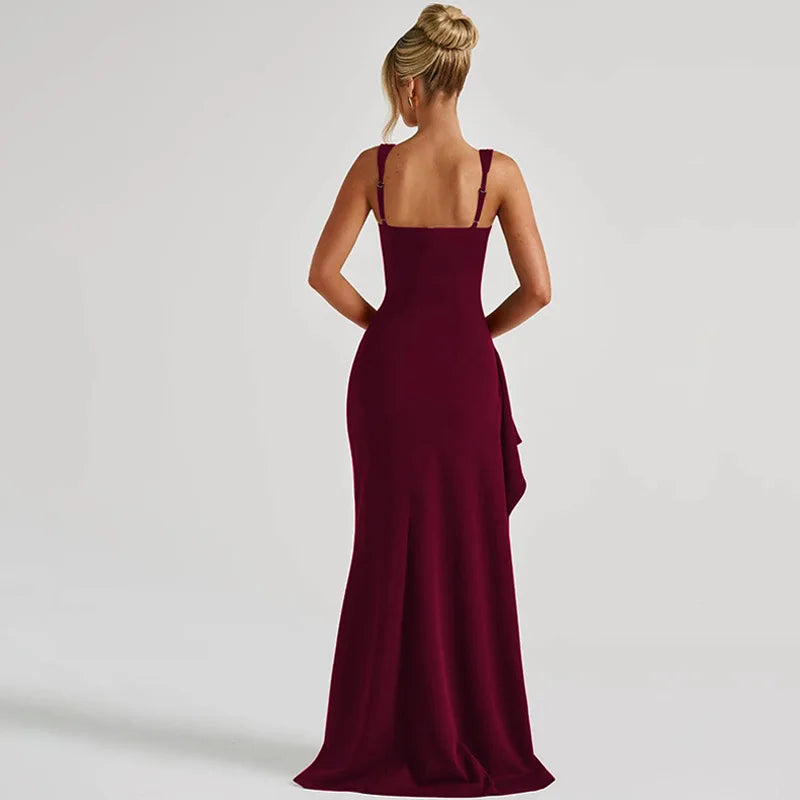 Robe Midi Bodycon Soirée Femme | Bretelles Spaghetti | Col Carré Fente | Sexy Formelle Prom | Longue Gala