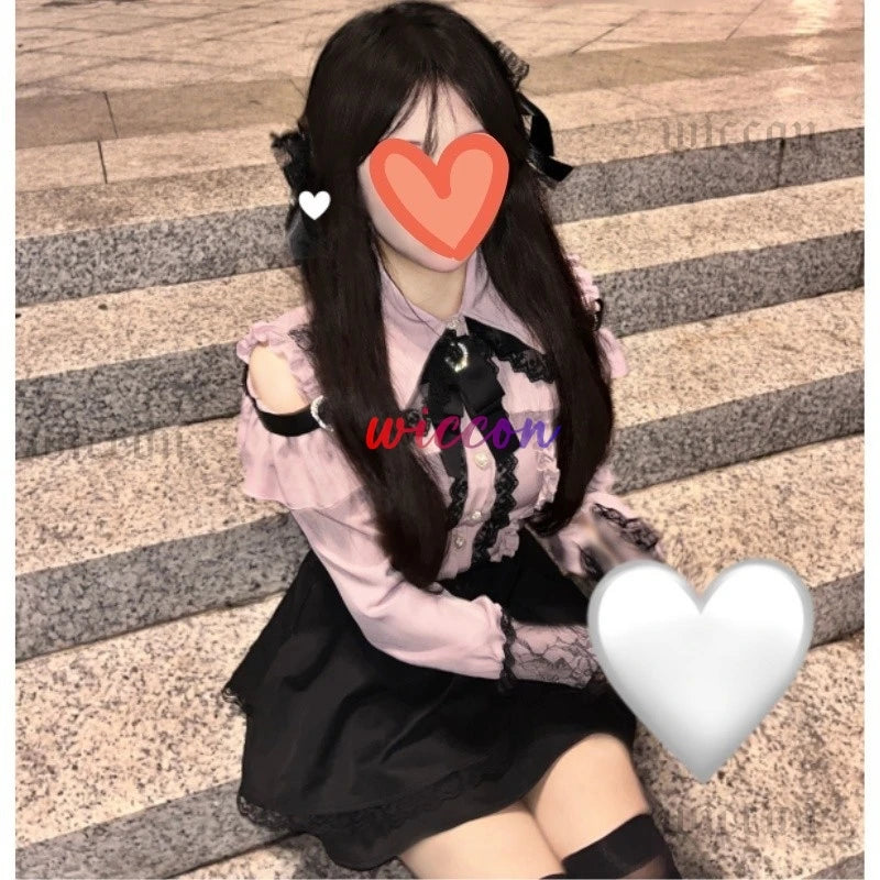 Jirai Kei Outfit Lolita Girls Shirt Skirt Set Women Kawaii Bow Long Sleeve Y2K Casual Aesthetic Shirt Japanese Style Women