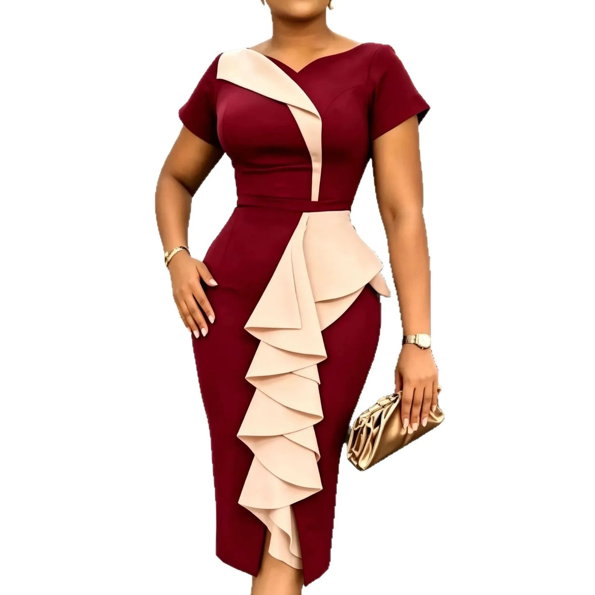 Robe Bodycon Femme Été 2026 | Coupe A-Line Patchwork | Col V Manches Courtes | Taille Cinée Slim Casual