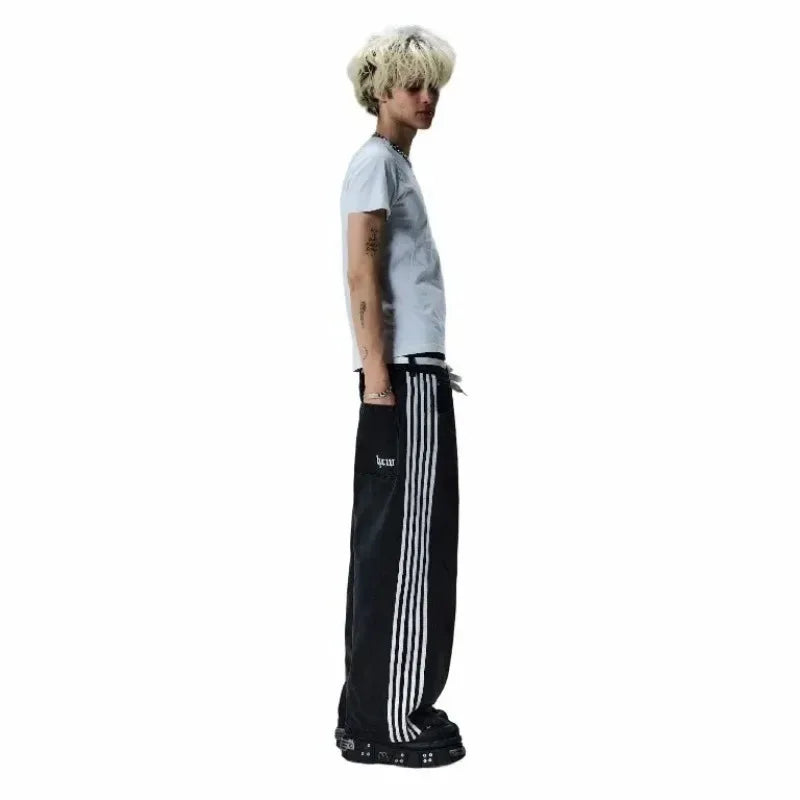 American Harajuku Style Baggy Jeans Y2K Streetwear Striped Denim Pants Men Women Casual Wide Leg Trousers Trendy High Street Pants