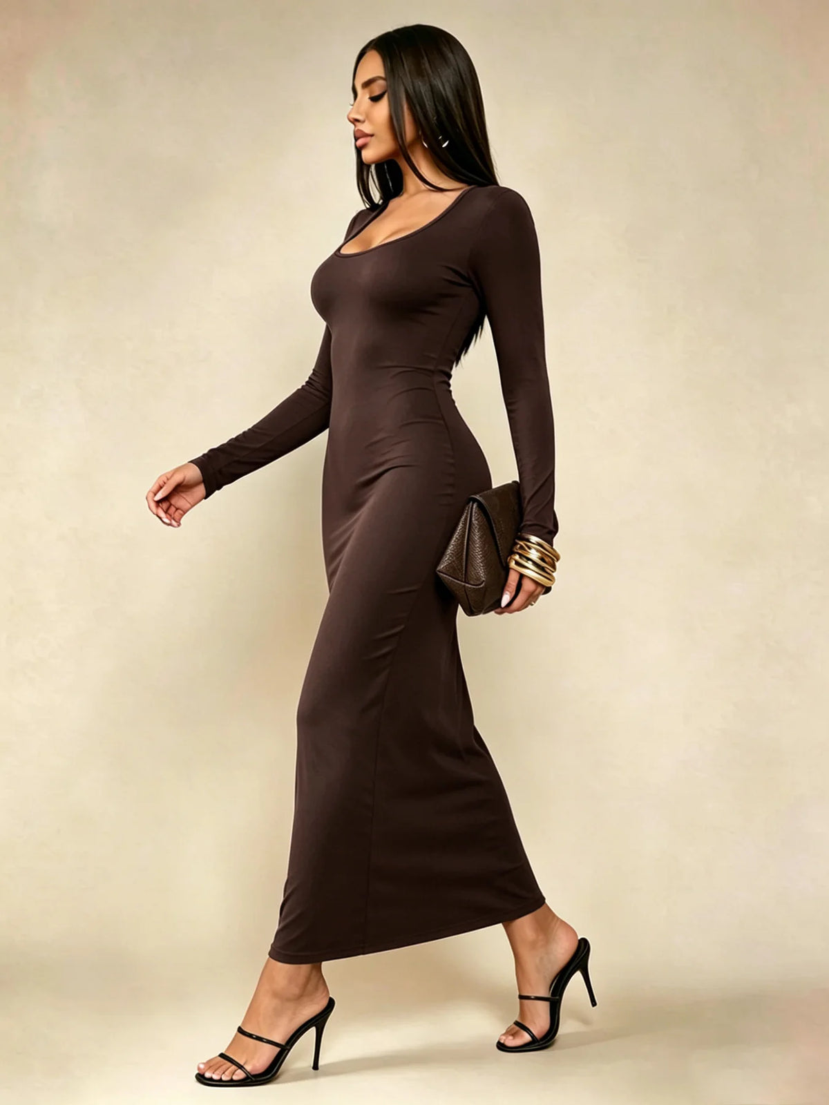 Women's Solid Long Sleeve Bodycon Dress, Chic Basic Minimalist Casual Fashion Scoop Neck Long Dress, Womenswear