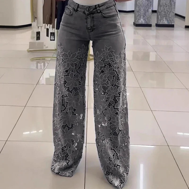 Jean Femme Taille Haute Jambe Large | Dentelle Ajournée Denim | Coton Printemps-Été | Style High Street | XS à XXXL
