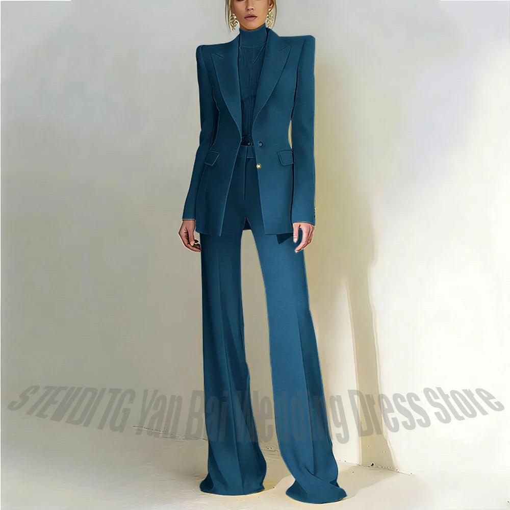 Women's Pant Suit 2 Piece Set Office Female Business Work Formal Jacket Trouser One Button Chic Yellow Peaked Lapel Elegant Suit