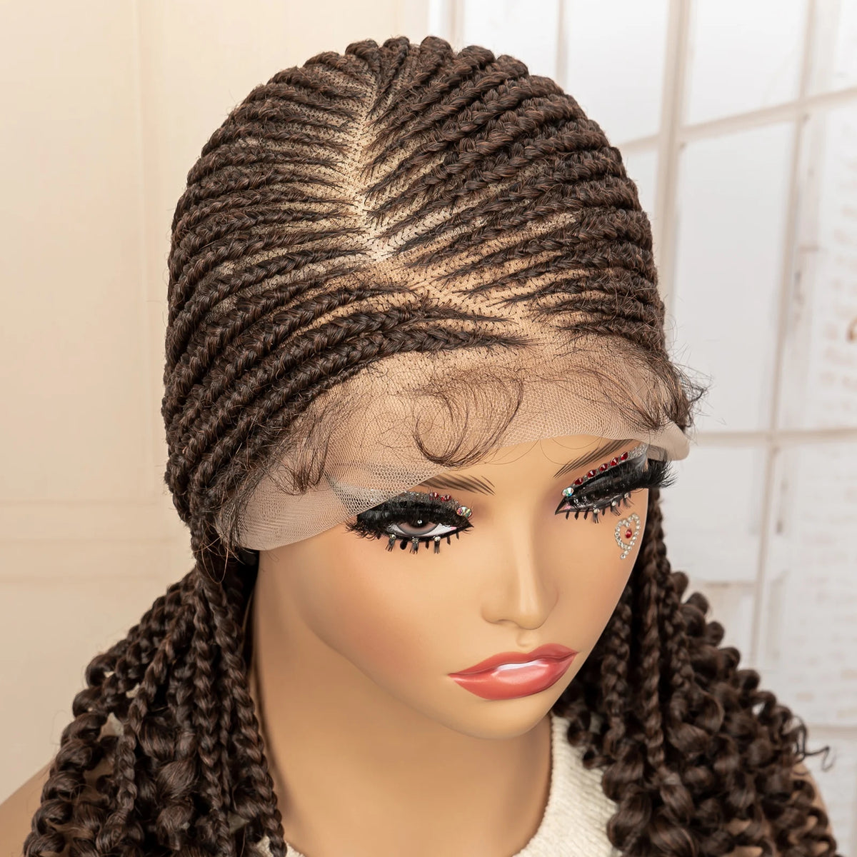 Full Lace Braided Wig with Curly Ends Synthetic Cornrow Braids Wig for Black Women Lace Frontal Afro Knotless Braiding Wigs