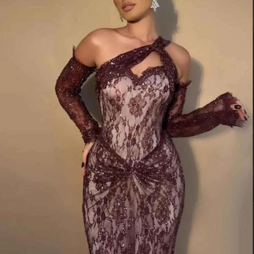 Customized Draped Soft Evening Dresses One Shoulder Lace Special Occasion Dress with Detachable Sleeve Burgundy Long Gown