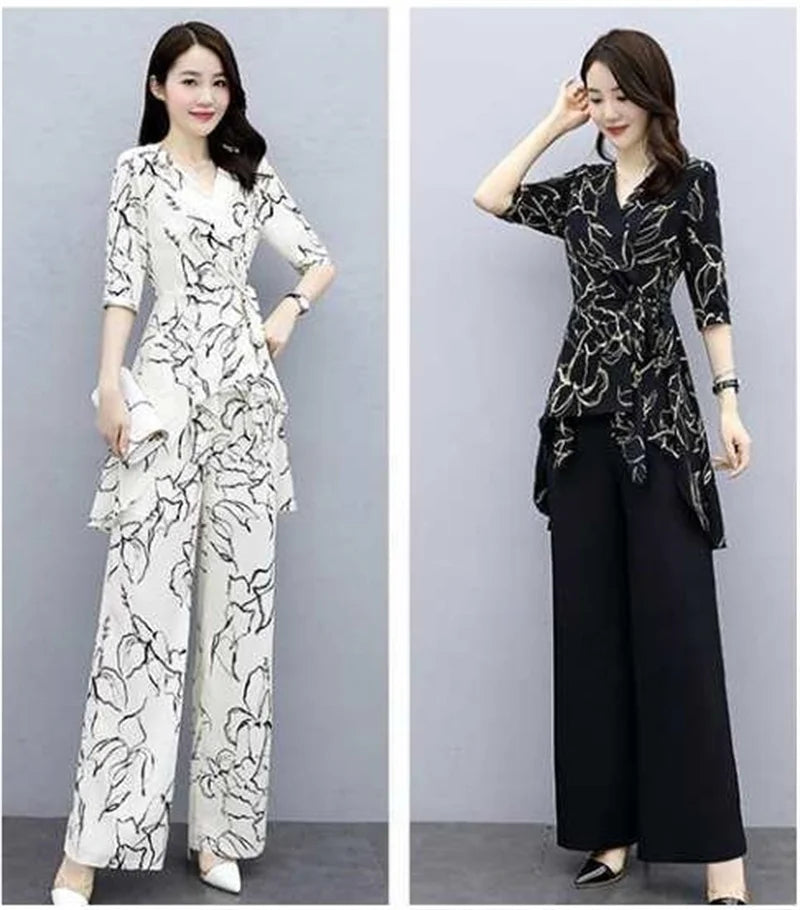 Ensemble 2 Pièces Femme Casual Imprimé | Top Manches Courtes & Pantalon Large | Été Blanc | Jusqu'au 4XL