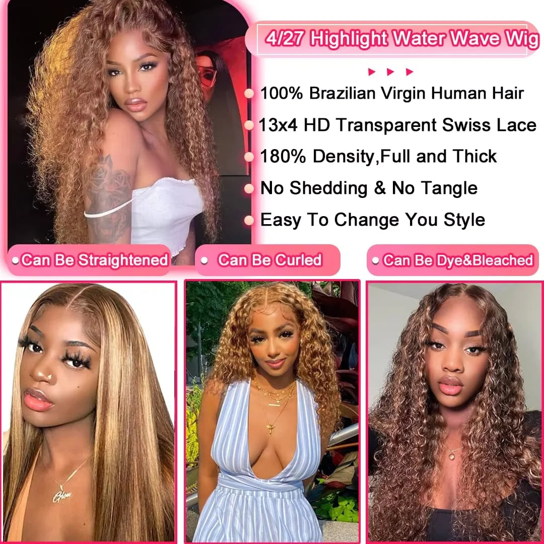 Perruque Deep Water Wave Highlight | Coloris 4/27 Miel Brun Ombré | 13x4 HD Lace Frontal | Cheveux Humains | Femme