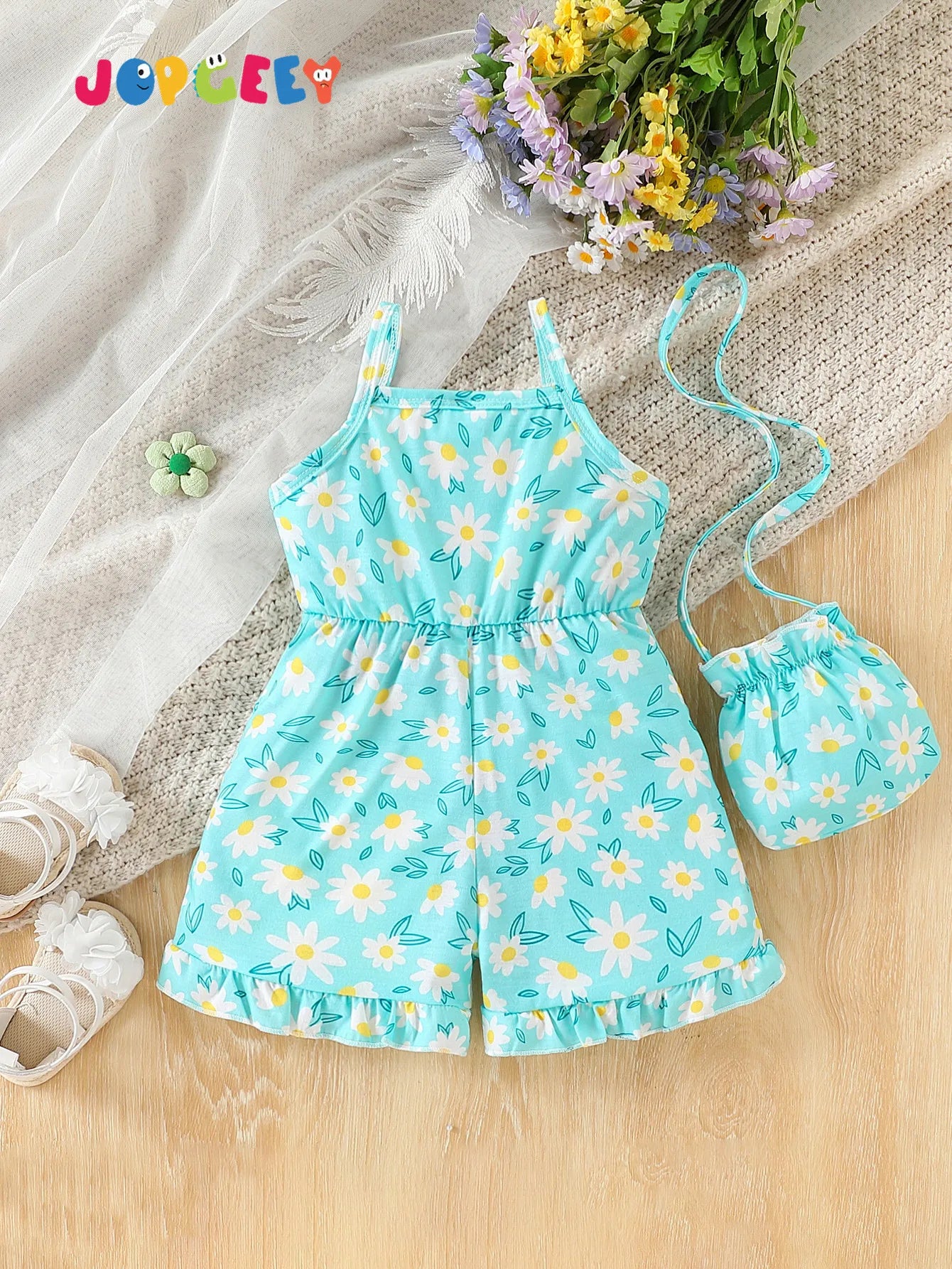 Baby girl baby fashionable casual flower full body printed suspender jumpsuit (including bag but not shoes) summer