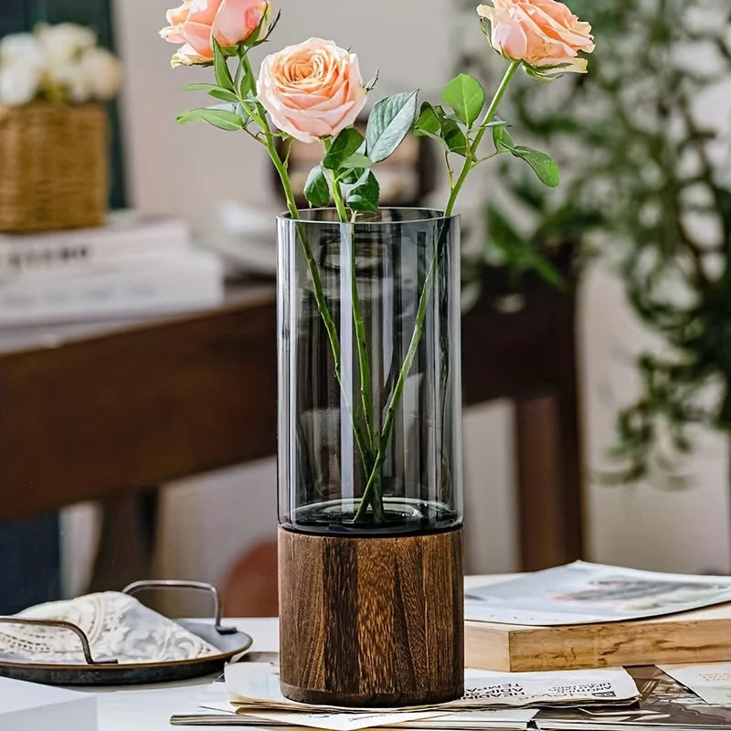 Vase Verre Élégant Base Bois | Plante Hydroponique | Arrangement Floral | Décor Bureau & Maison