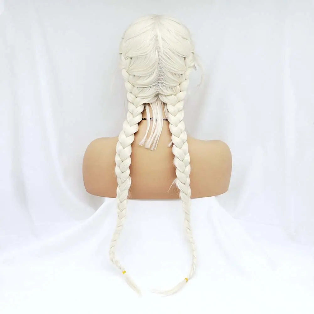 Sylvia Wigs60#Platinum Blonde Double Braid Synthetic Blonde Lace Front Braid Wigs Heat Resistant Fiber Braid