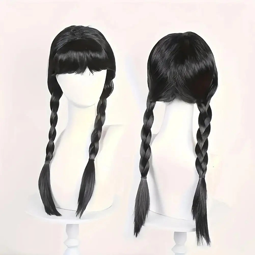 Double Ponytail Braided Wig For Wednesday Wigs Halloween Gothic Costume Braids Anime Double Black Synthetic Braided With Bangs