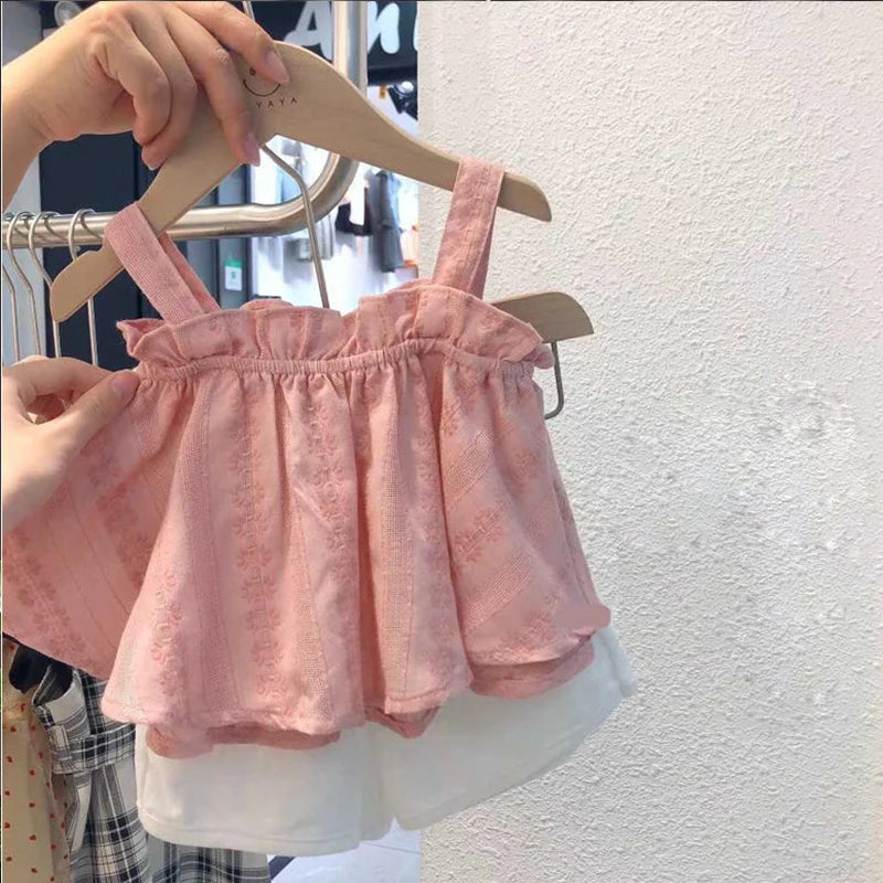 Girls Outfit Set 2026 Summer Clothing Sets Hollow Lace Suit Baby Casual Sleeveless T-shirt+Shorts Kids Clothes Sets Baby Clothes