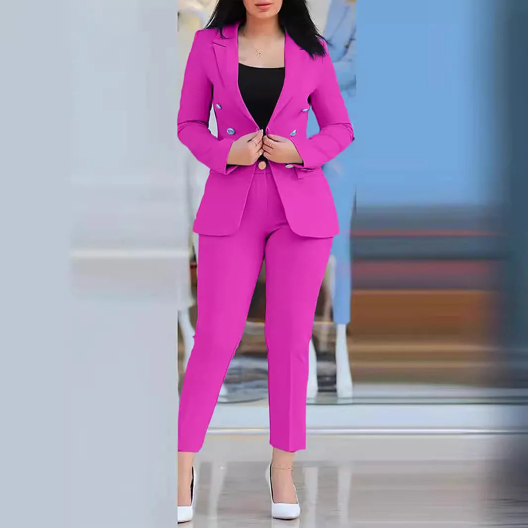 Pants Sets Two Piece Women Cardigan Blazer Double Breasted Slim Fit Pencil Pants Pockets Solid Casual Suits Outwear Spring 2025