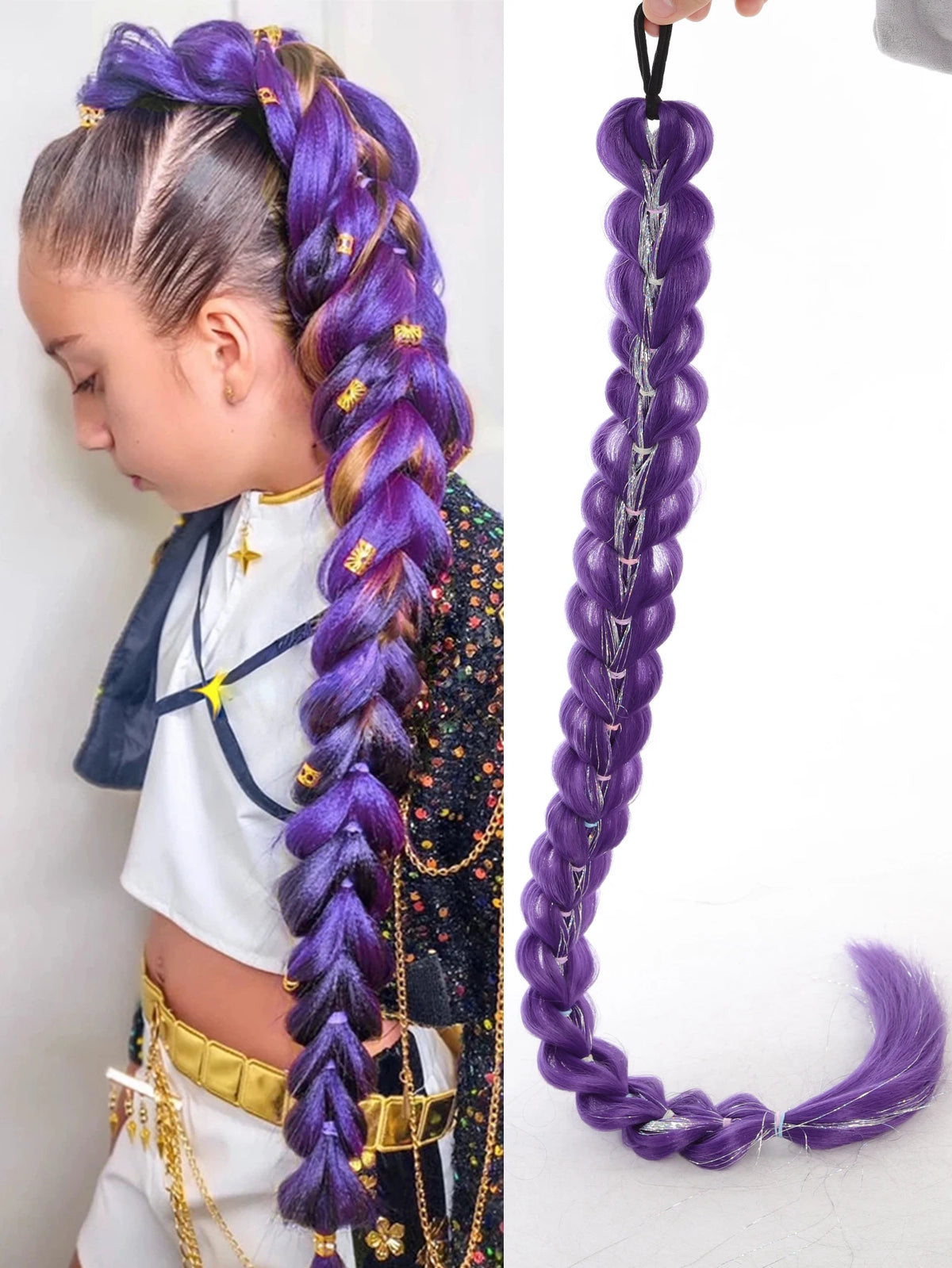 Queue de Cheval Tressée Violette | 32 Pouces | Tinsel Brillant | Extensions Super | Cosplay & Noël | Enfants & Filles