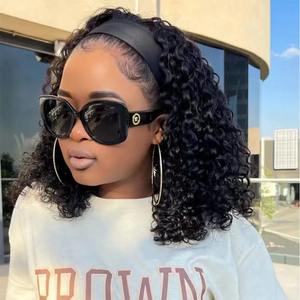 Perruque Headband Kinky Curly | Machine Made | Cheveux Humains Brésiliens Remy | 180% Densité | Couleur Naturelle