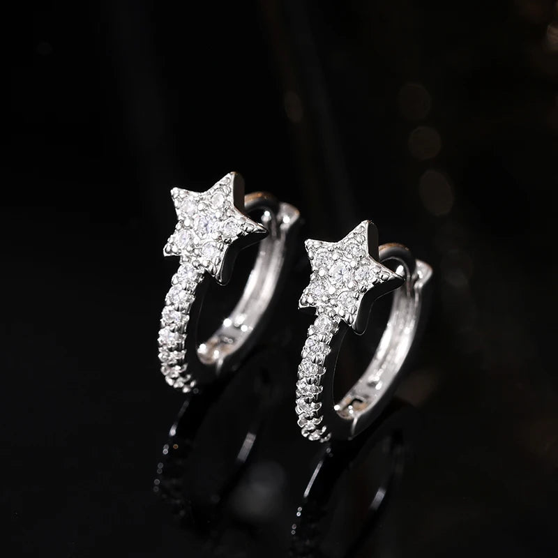 Huitan Fashion Star Hoop Earrings with Dazzling CZ Simple Stylish Ear Accessories for Women Silver Color Exquisite Jewelry