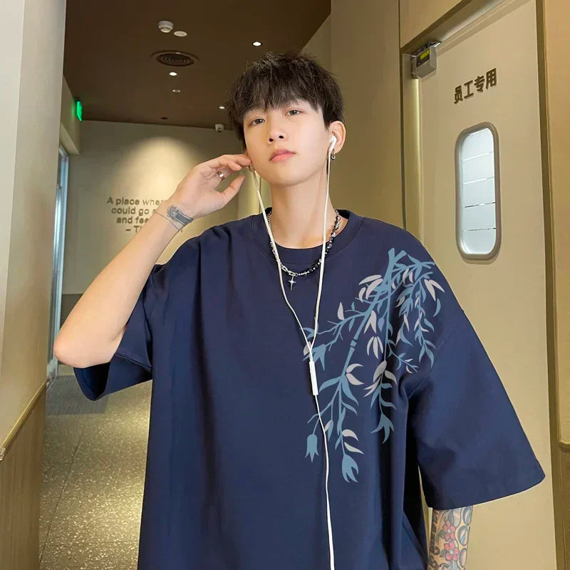 T-Shirt Homme Oversize Coton | Blanc | Imprimé Bambou | Jusqu'au 5XL | Casual Été Mode