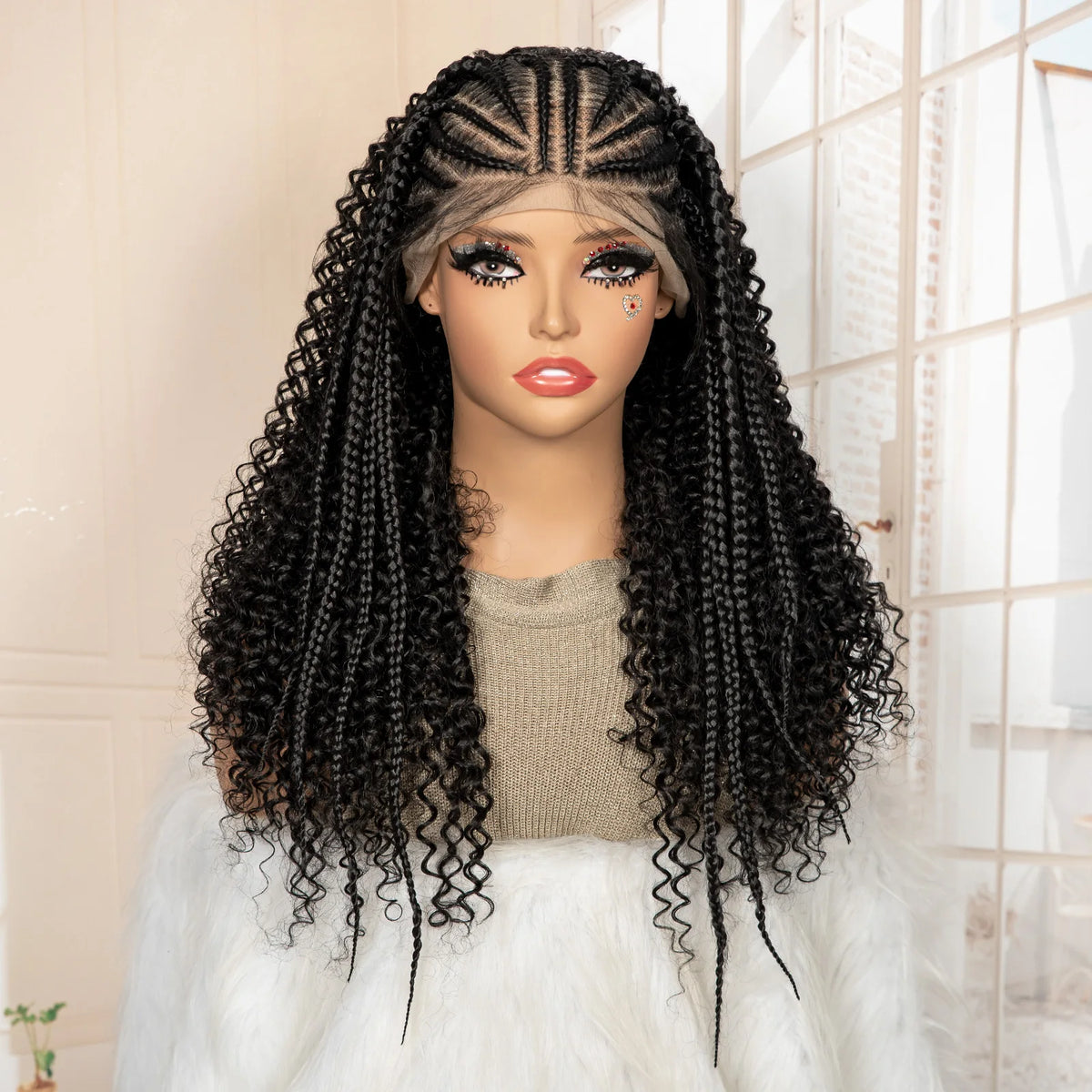 13x6 Lace Frontal Synthetic Braids Wig 22 Inches Cornrow Braided Wig with Curly Handmade Knotless Braiding Wig for Black Women