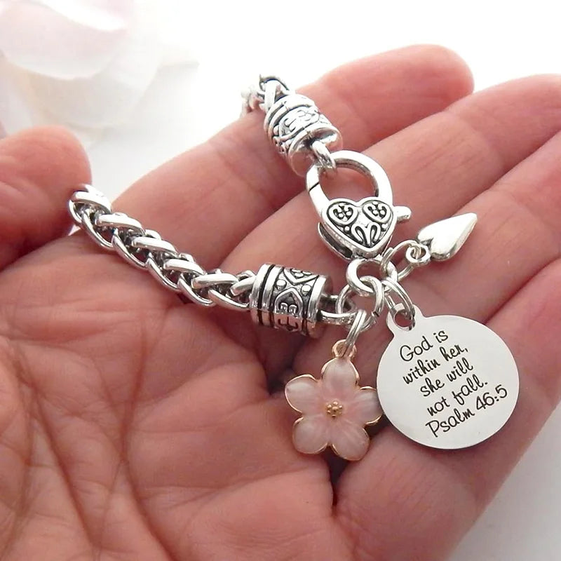 Flower Heart Bible Verse Charm Bracelet Antique Silver Plated Twisted Chain Bracelets Inspirational Christian Jewelry