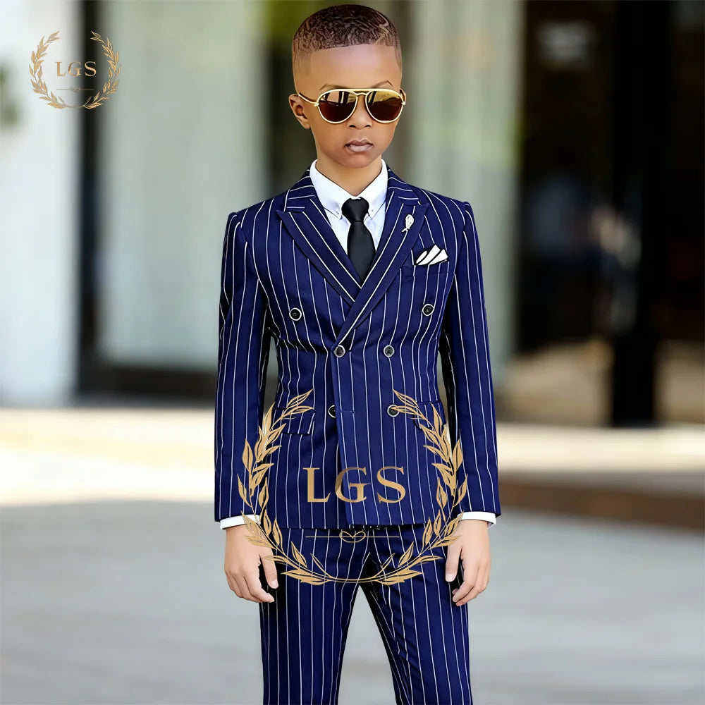 Elegant Boys' 2-Piece Suit: Double-Breasted Striped Blazer with Peak Lapel & Pants for Church, Graduation, Special Occasions