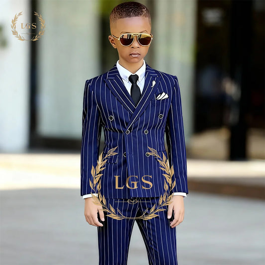 Elegant Boys' 2-Piece Suit: Double-Breasted Striped Blazer with Peak Lapel & Pants for Church, Graduation, Special Occasions