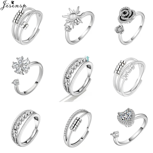 Rotating Jewelry Adjustable Anxiety Ring For Women Girls Fashion Flower Round Beads Pendant Finger Rings Anti-Stress Gifts