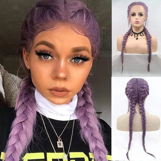 Purple Braid Wig Synthetic 2Box Braid Lace Front Wigs For Women Hair Heat Resistant Fiber Long Braiding Hair Wig With Baby Hair