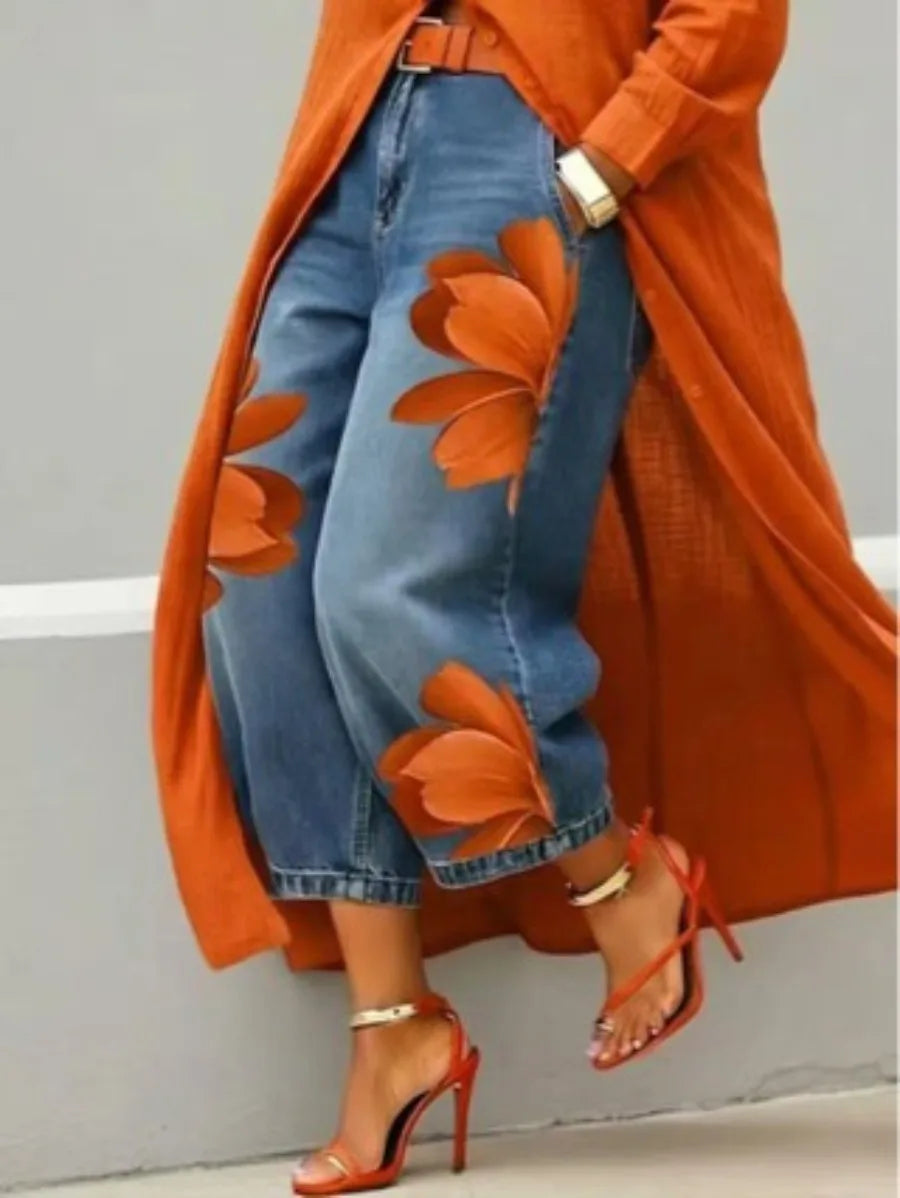 Jean Floral Imprimé Streetwear Femme | Taille Haute Ample | Jambe Large Décontracté | Grande Taille