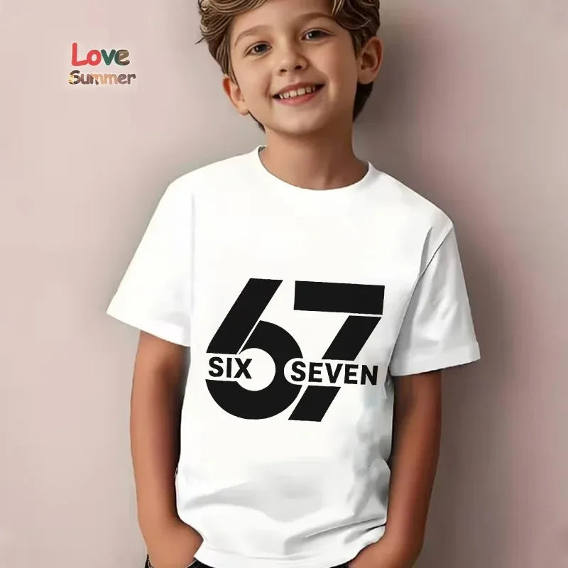 Boys' T-Shirt 6-7 Years T-Shirt 67 Number Print Casual Italian Brainrot Summer Top Suitable for Funny Gift for Casual Attire