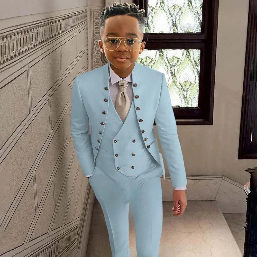 Fashionable Kids Stand-up Collar Suits 3 Pieces Jacket Vest Pants Performance Outfit Comfortable Boys Tuxedo Wedding Guest Wear