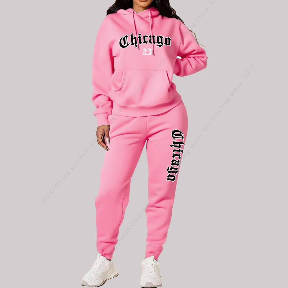 Jogging Femme 2 Pièces | Sweat Capuche & Pantalon | Imprimé Chicago Lettre | Grande Taille Rose
