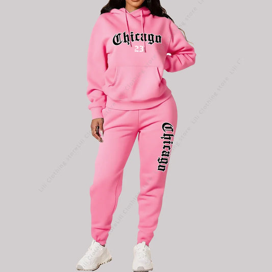 Jogging Femme 2 Pièces | Sweat Capuche & Pantalon | Imprimé Chicago Lettre | Grande Taille Rose