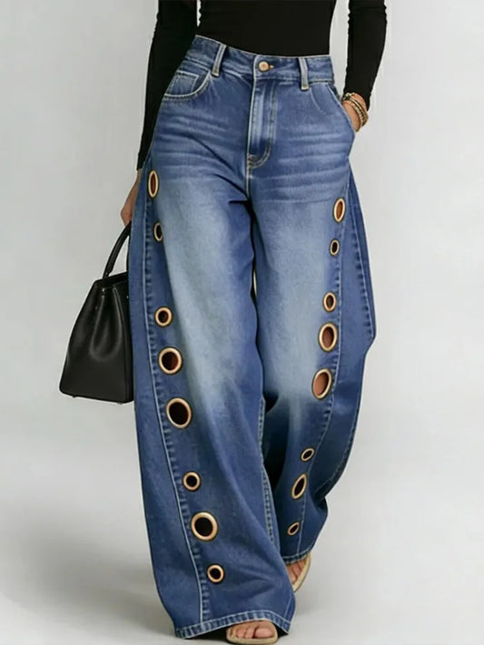 Jean Large Taille Haute Lavé Bleu | Anneau Métal | Femme 2026 | Casual Streetwear Ample