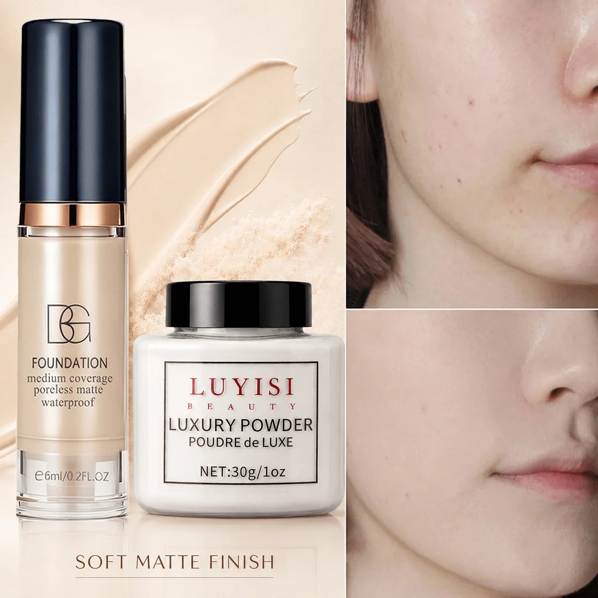 Facial Makeup Set:1pc Matte Loose Powder+1pc Waterproof Fundation,High-Coverage,Long-Lasting,Oil Control,Creat Natural Looks.