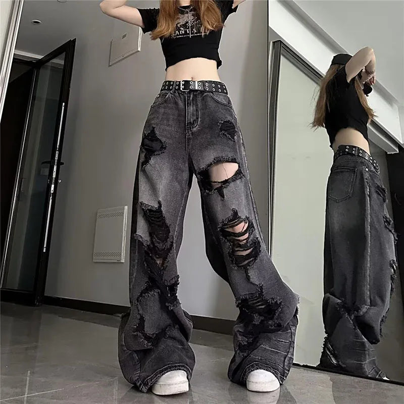 High Street Vintage Black Ripped Jeans Fashion Wide Leg Pants Women's High Waisted Straight Leg Pants Baggy Pants Y2k Jeans