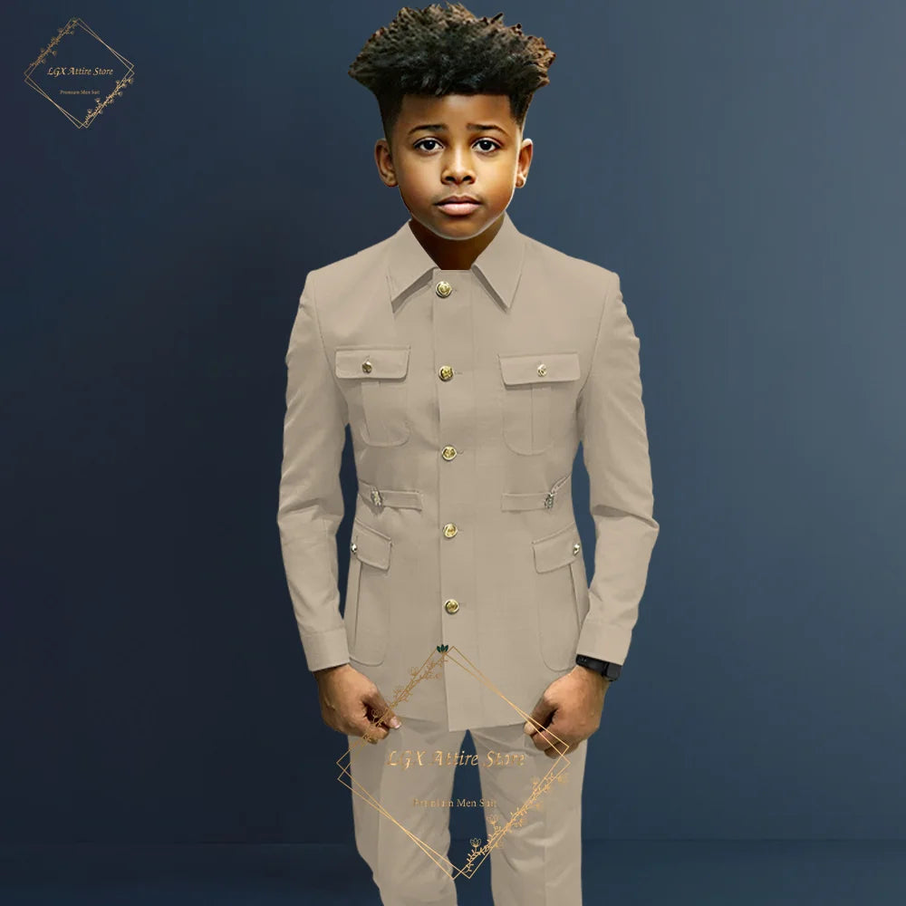Boys single-breasted formal 2-piece suit, boys Zhongshan suit style long coat classic design suitable for ages 2-16