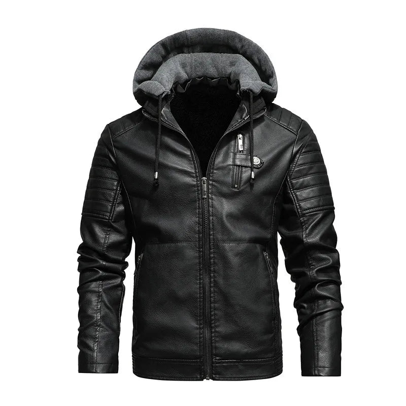 Men Hooded Leather Jackets Slim Fit Motorcycle PU Leather Coats High Quality Men Fleece Warm Leather CoatsSize 5XL