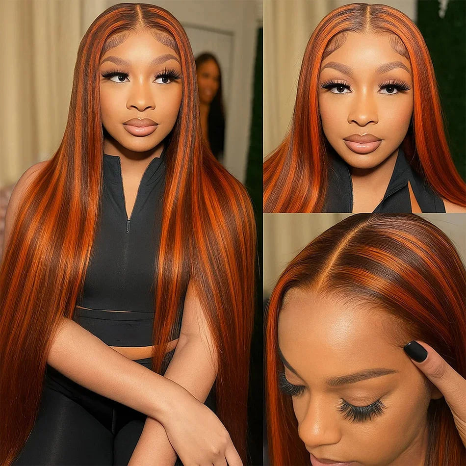 Perruque Lisse Highlight Ombre 4/350 | Gingembre Orange Brun | 13x6 & 13x4 Lace Front | Glueless | Cheveux Humains