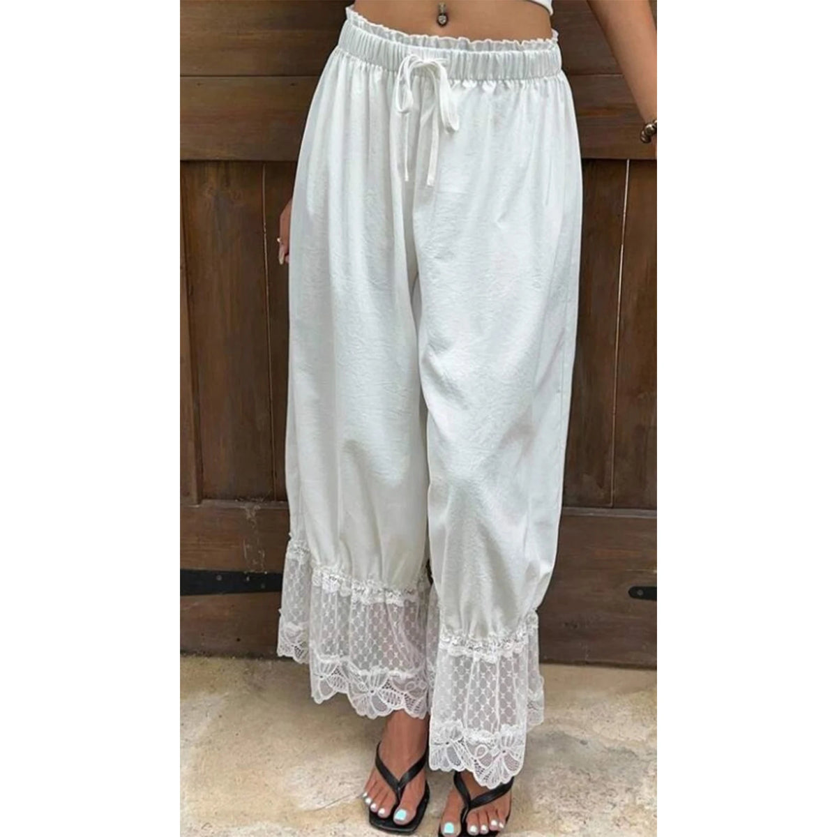 Women's Wide Leg Pants White Polyester Lace Trim Hem Casual Loose Fit Summer Trousers Wide Leg Pants