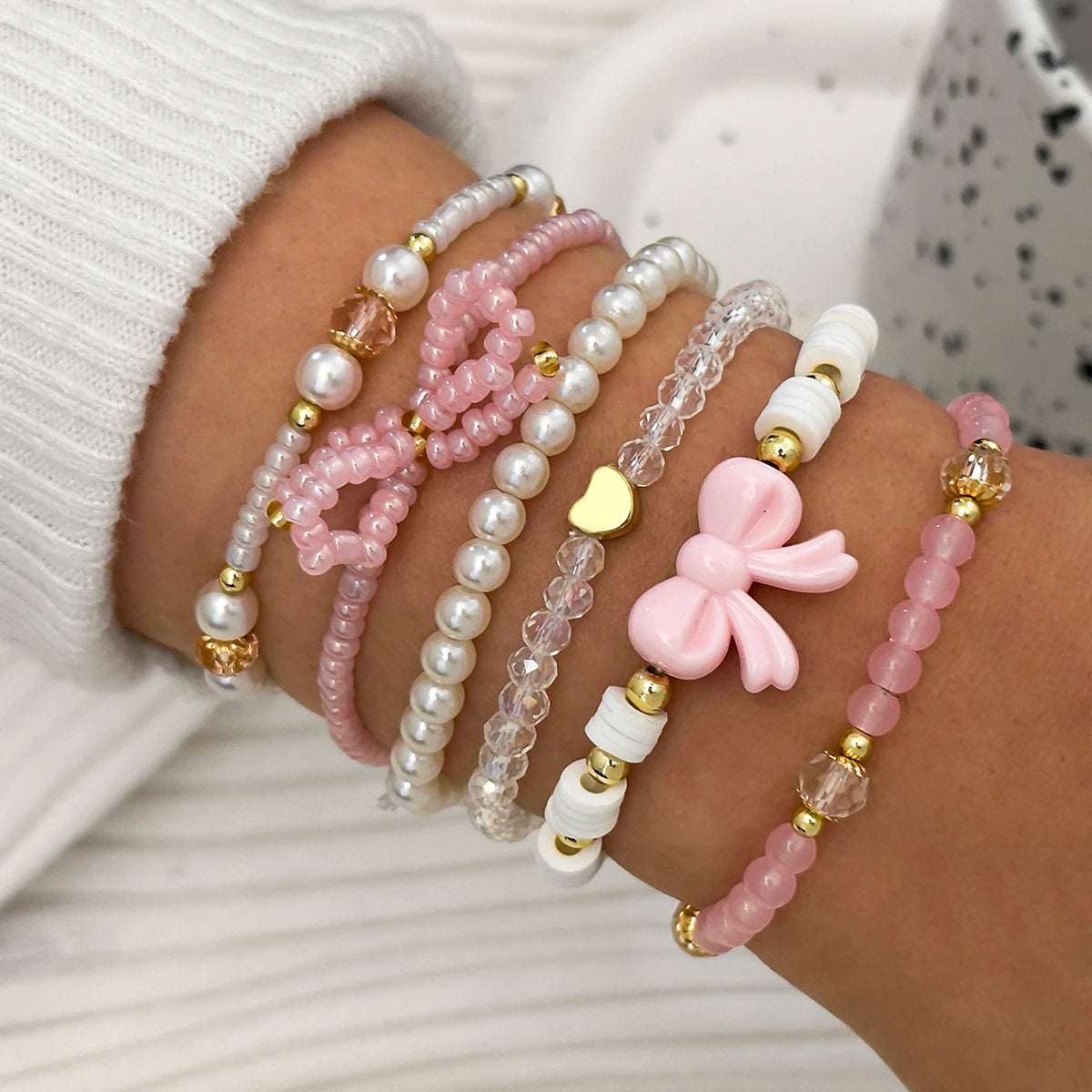 Lot 6 Bracelets Perles Nœud Papillon | Style Européen & Américain | Mignon & Doux | Cadeau Bijou Femme